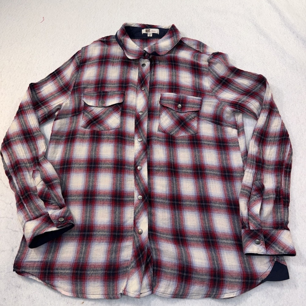 KUT‎ Button-Up Womens S Red Plaid Flannel Collared Long Sleeve Snap Pockets